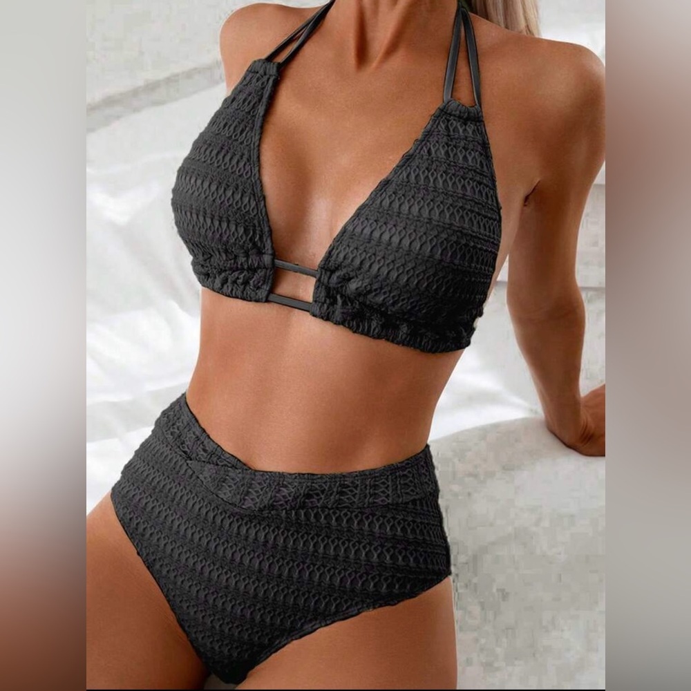SHEIN Black Textured Bikini Set